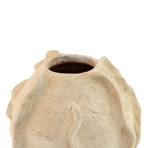 This rough, spherical ceramic vase, reminiscent of unglazed Tamegroute pottery, features an irregular wavy surface and a round opening, giving it a rustic and unfinished appearance.