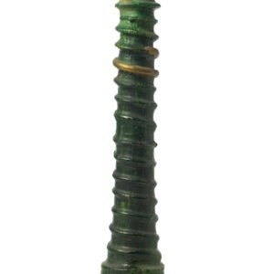 A tall, green, spiraled vase crafted in the style of Tamegroute pottery features a glossy finish and a distinct ring around the top.