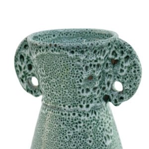 Close-up of a textured green ceramic vase with circular handles on both sides near the rim.