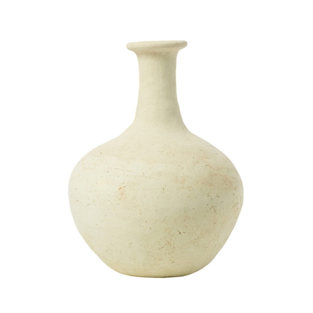 A round, cream-colored ceramic vase crafted in the style of unglazed Tamegroute pottery features a narrow neck and slightly flared rim, all set against a pristine white background.