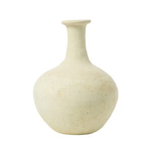 A round, cream-colored ceramic vase crafted in the style of unglazed Tamegroute pottery features a narrow neck and slightly flared rim, all set against a pristine white background.