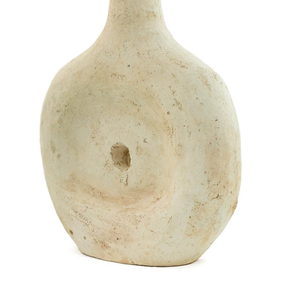 This cream-colored, textured ceramic vessel, reminiscent of Tamegroute pottery, features a rounded body, narrow neck, and a small circular indentation near the center.