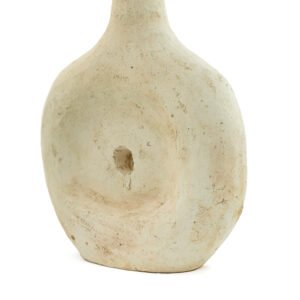This cream-colored, textured ceramic vessel, reminiscent of Tamegroute pottery, features a rounded body, narrow neck, and a small circular indentation near the center.