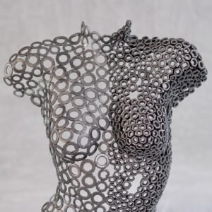 A stunning metalwork sculpture of a womans upper body, crafted from interconnected rings, showcases an abstract and intricate design against a neutral background.