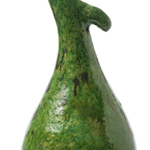Close-up of a pear-shaped, green ceramic sculpture with a distinct textured surface and glossy finish, reminiscent of Tamegroute potterys unique allure.