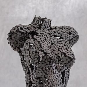 A feminine-shaped sculpture, crafted from interlinked bicycle chains, captures the essence of human form against a gray background. This metalwork sculpture beautifully merges industrial art and delicate design.