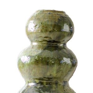A close-up of a glossy, three-tiered green ceramic vase with a textured surface, showcasing the distinctive artistry of Tamegroute pottery against a white background.