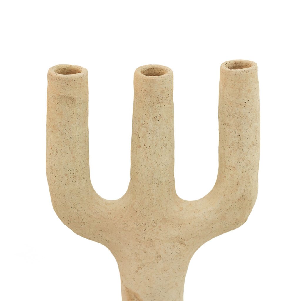 An unglazed ceramic cactus-like sculpture with three rounded arms and a sandy texture, reminiscent of Tamegroute potterys earth-toned charm.