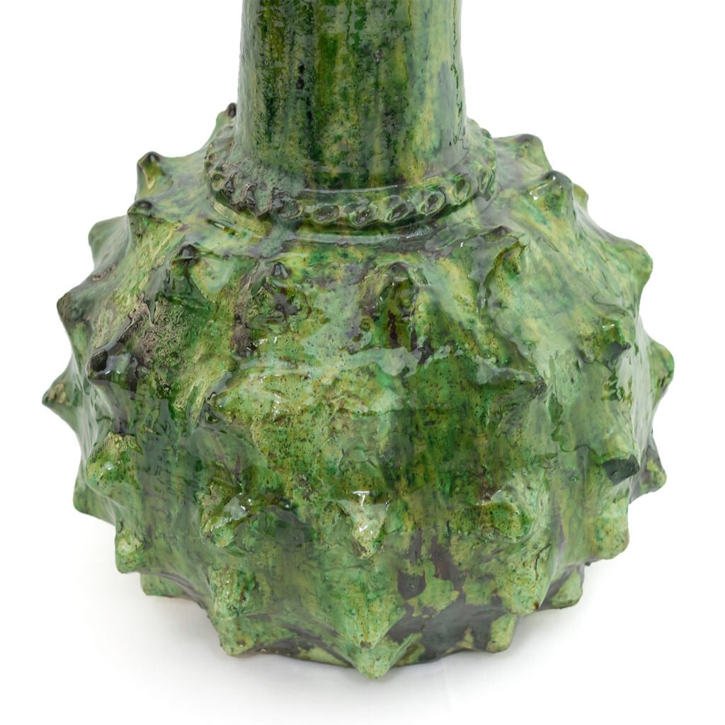Tamegroute pottery-inspired green ceramic vase with a textured, spiky surface and glossy finish.