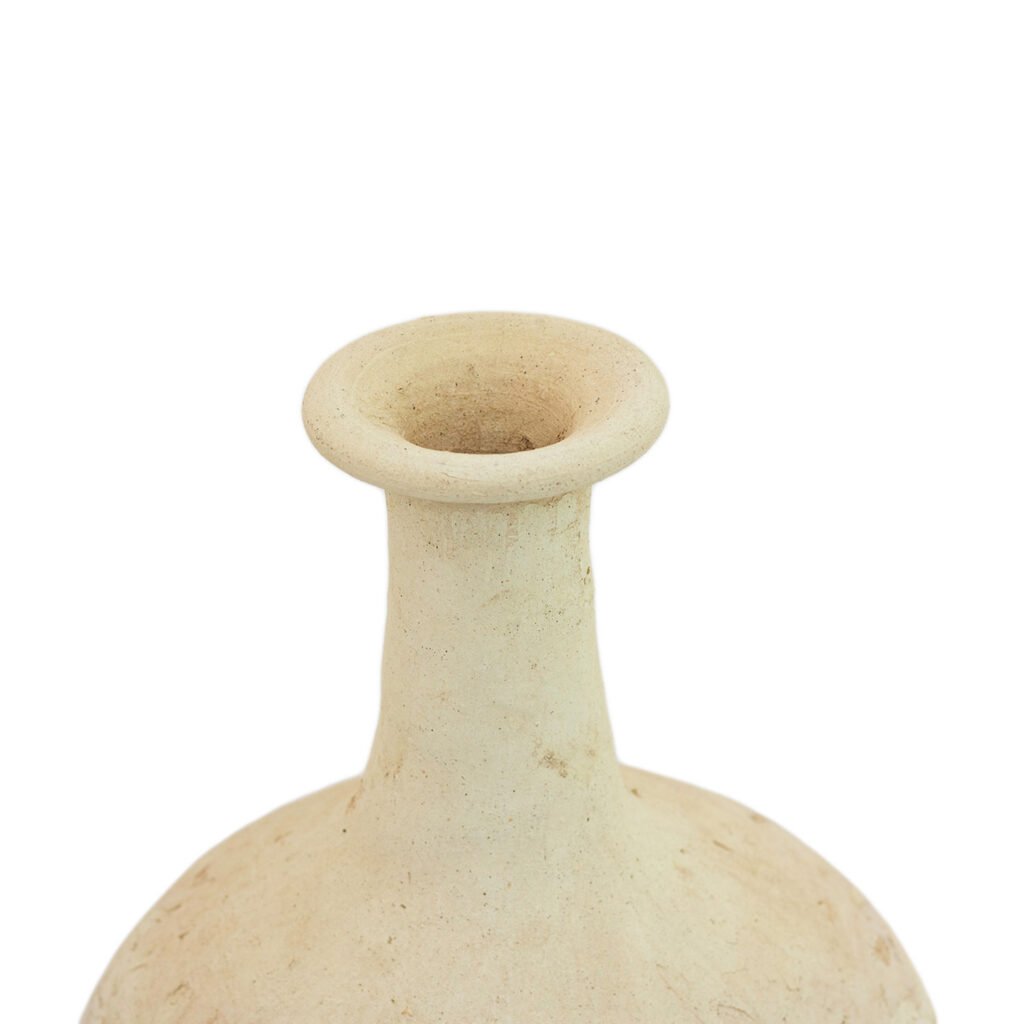 A close-up reveals the neck and opening of a beige ceramic vase, reminiscent of unglazed Tamegroute pottery, with its narrow neck and flared rim adding an artisanal touch.