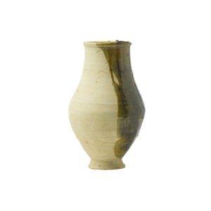 Tall, beige ceramic vase with a glossy, olive-green glaze reminiscent of traditional tamegroute pottery covering part of its curved surface.