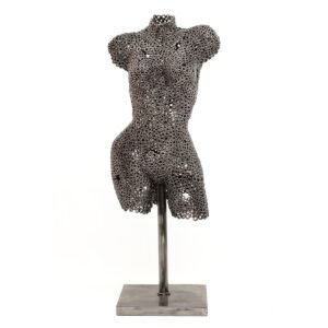 A captivating metal sculpture of a torso crafted from interconnected circular components, elegantly perched on a minimalist rectangular stand.
