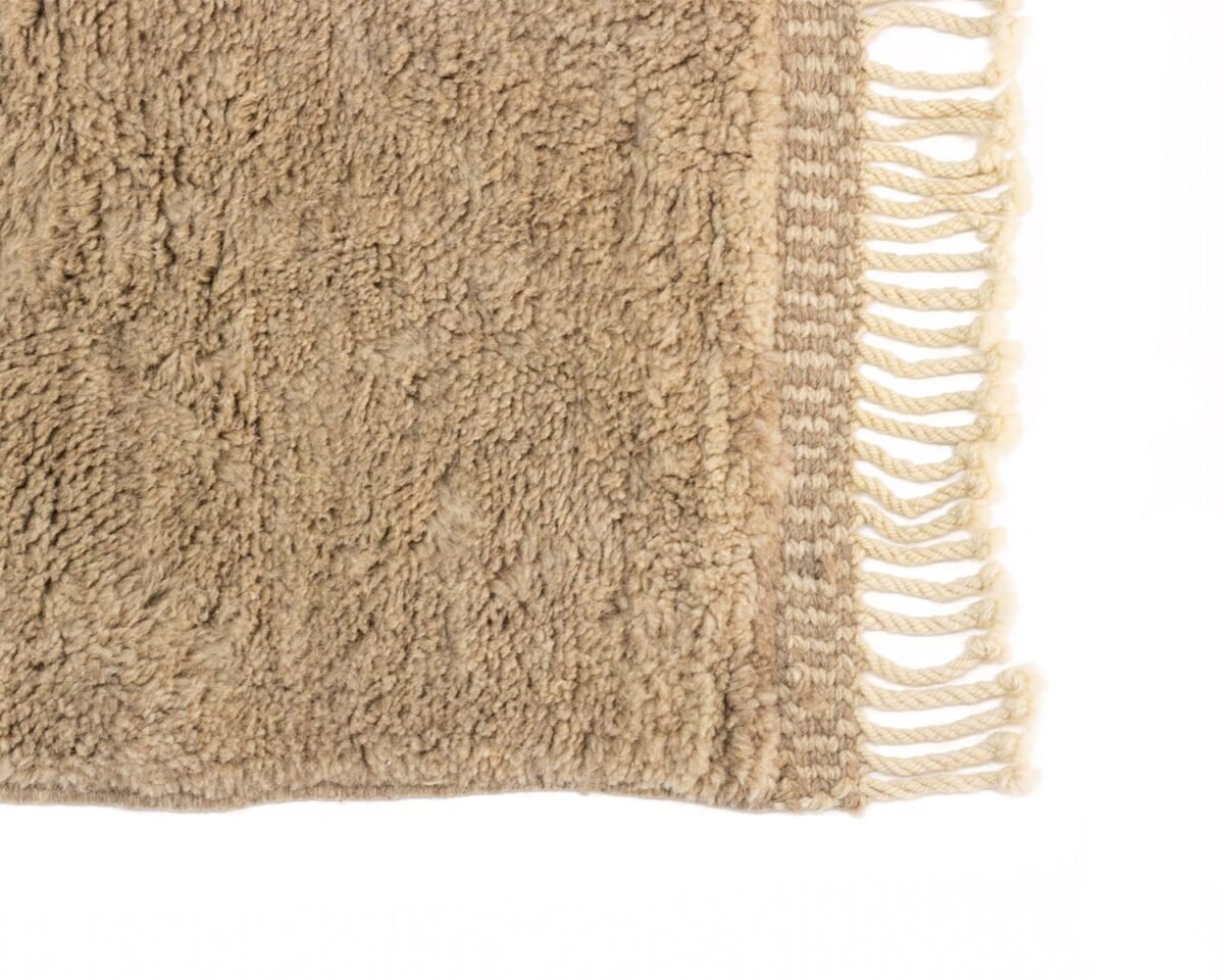 A close-up of a beige textured, hand-knotted rug with fringed edges on the right side highlights exquisitely crafted handmade home decor.