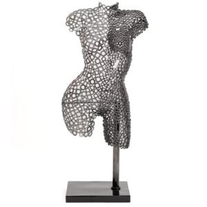 A modern metalwork sculpture of a womans upper body, crafted from interconnected metal rings and elegantly mounted on a black rectangular base.