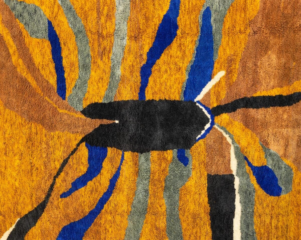 Discover the allure of abstract textile art in this luxury rug featuring bold orange, black, blue, and gray shapes that form a stunning spider on web-like patterns. Hand-knotted with precision, this piece transforms any space into a masterpiece.