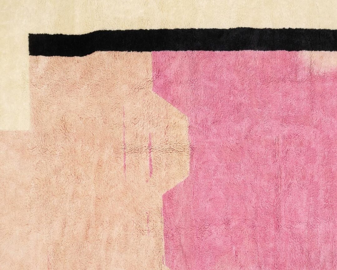 Experience a captivating abstract geometric pattern featuring pink, beige, and black rectangular shapes on a textured surface. This design brings an artistic flair to any space, seamlessly blending modern aesthetics with classic appeal.