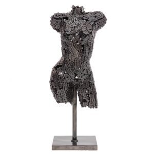 Feminine-shaped sculpture of a human torso crafted from textured, metallic materials, elegantly displayed on a metal stand.