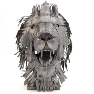 Steel sculpture of a lions head with a mane made of metal strips, featuring an open mouth and fierce expression.