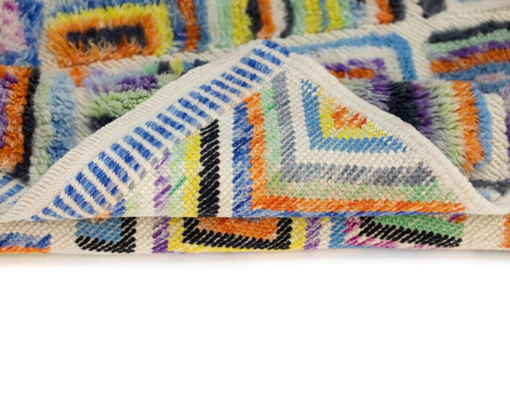 Close-up of a folded runner rug with a fluffy texture and vibrant geometric patterns, showcasing multicolored lines forming squares and triangles on a white background.