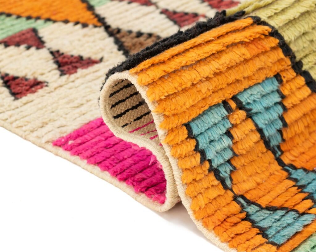 A vibrant, folded woven rug showcases geometric patterns in orange, blue, pink, and black set against a beige background.
