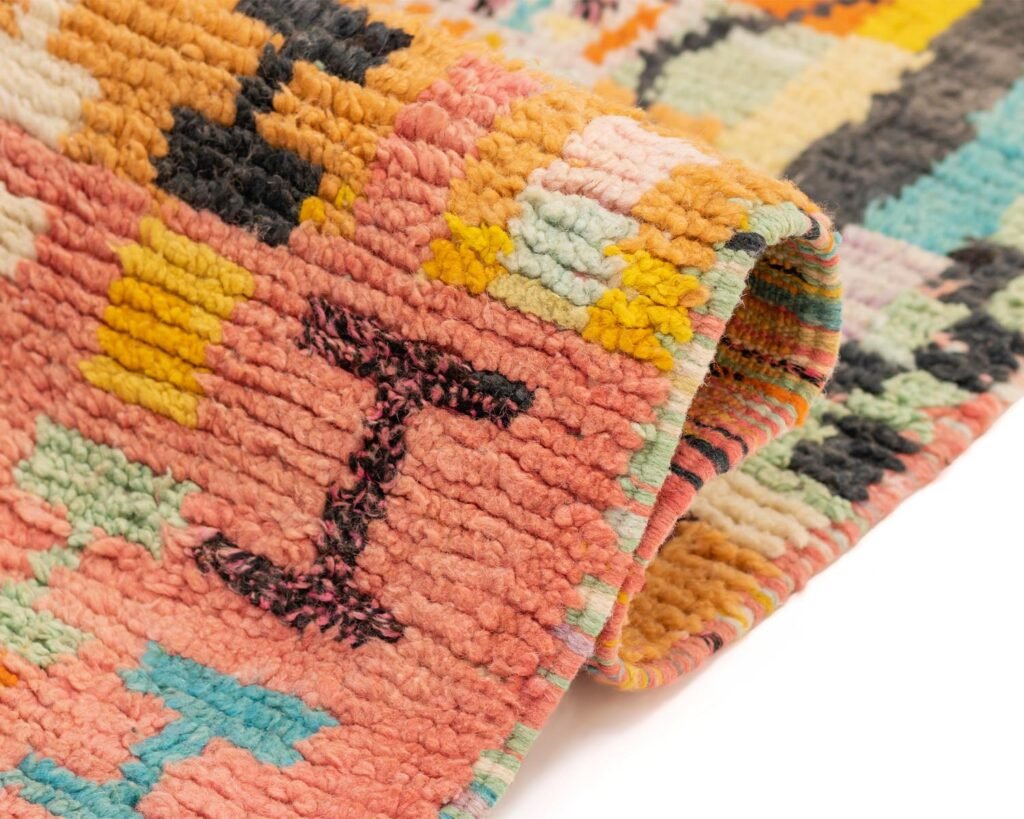A close-up of a colorful, woven Berber runner rug with geometric patterns and a prominent black letter I on a peach background. This runner rug showcases a vibrant mix of colors and textures, adding an exotic touch to any space.