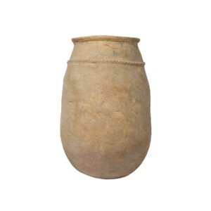 A large, beige, ancient clay pot resembles vintage Berber jars with its rounded base and simple lined design around the top.