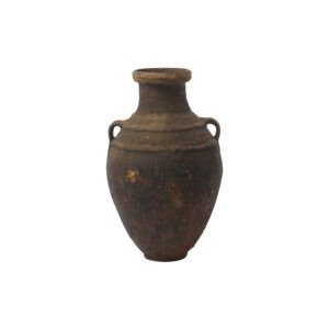 A vintage Berber jar, with its ancient, weathered beauty, features two small handles and a narrow neck that highlights its textured, earthy surface.