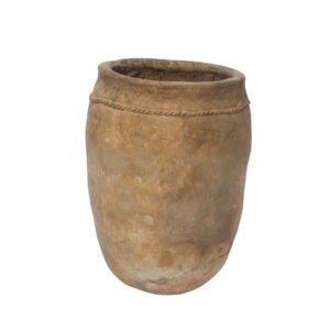 An ancient, weathered ceramic pot with a round base and a slightly flared rim, reminiscent of vintage Berber jars, featuring a simple decorative band around the upper portion.
