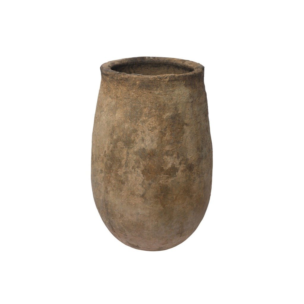 A tall, ancient-looking, cylindrical clay vessel with a rounded base and wide opening, reminiscent of a vintage Berber jar.