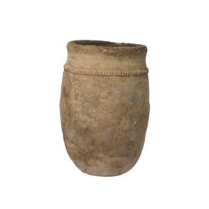A weathered, cylindrical clay pot reminiscent of a vintage Berber jar features a textured surface and a decorative band around its upper section, shown against a plain white background.