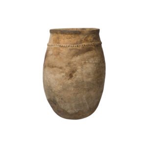 A weathered, ancient clay pot with a rounded base and a simple decorative band near the top, this piece is reminiscent of a vintage Berber jar.
