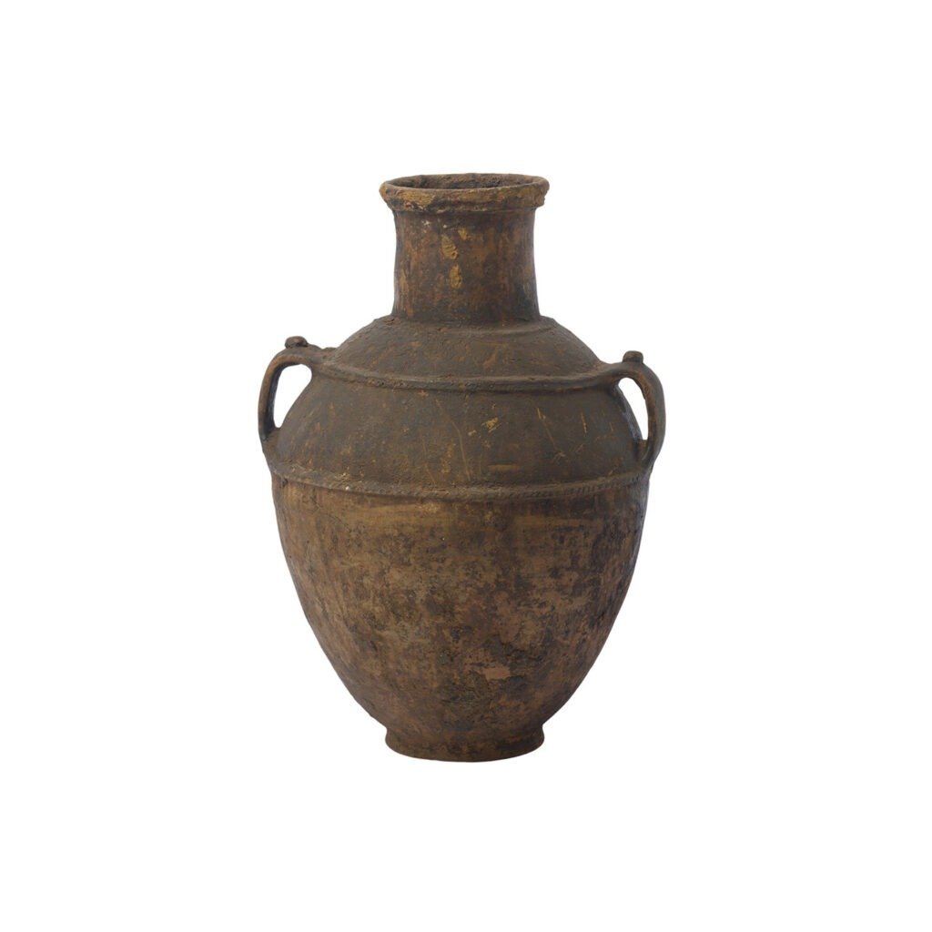 Aged, brown ceramic amphora with two side handles and a narrow neck, reminiscent of a vintage Berber jar.