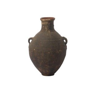 A weathered, dark brown, ancient Greek-style amphora with a narrow neck and two small handles on each side, reminiscent of a vintage Berber jar.