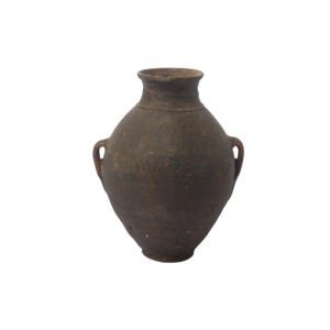 A vintage Berber jar, weathered and dark brown, features two handles on either side and a wide opening at the top, reminiscent of a classic clay amphora.