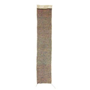 A vibrant woven textile showcasing a spectrum of colors, finished with elegant fringe on one end, set against a pristine white background.