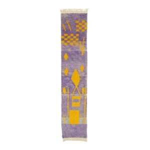This rectangular rug showcases striking abstract yellow geometric patterns set against a rich purple backdrop, adding a modern and vibrant touch to any room.