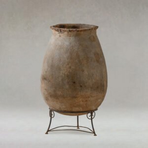 Large Vintage Terracotta Dates and Spices Jar on Iron Stand from Moroccan Berber Community