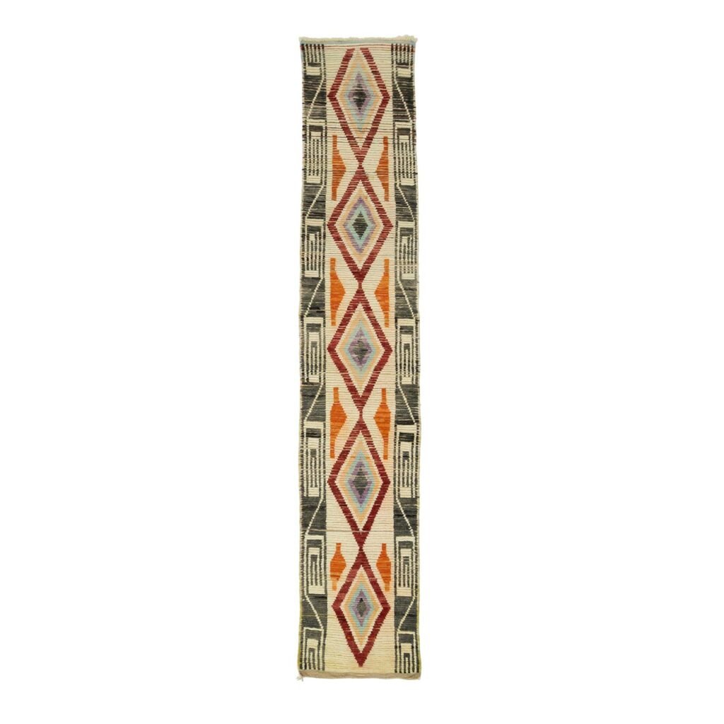 A sleek, narrow rug adorned with geometric patterns featuring diamond and rectangular shapes in rich hues like orange, purple, green, and beige. Ideal for adding a touch of elegance to any room.