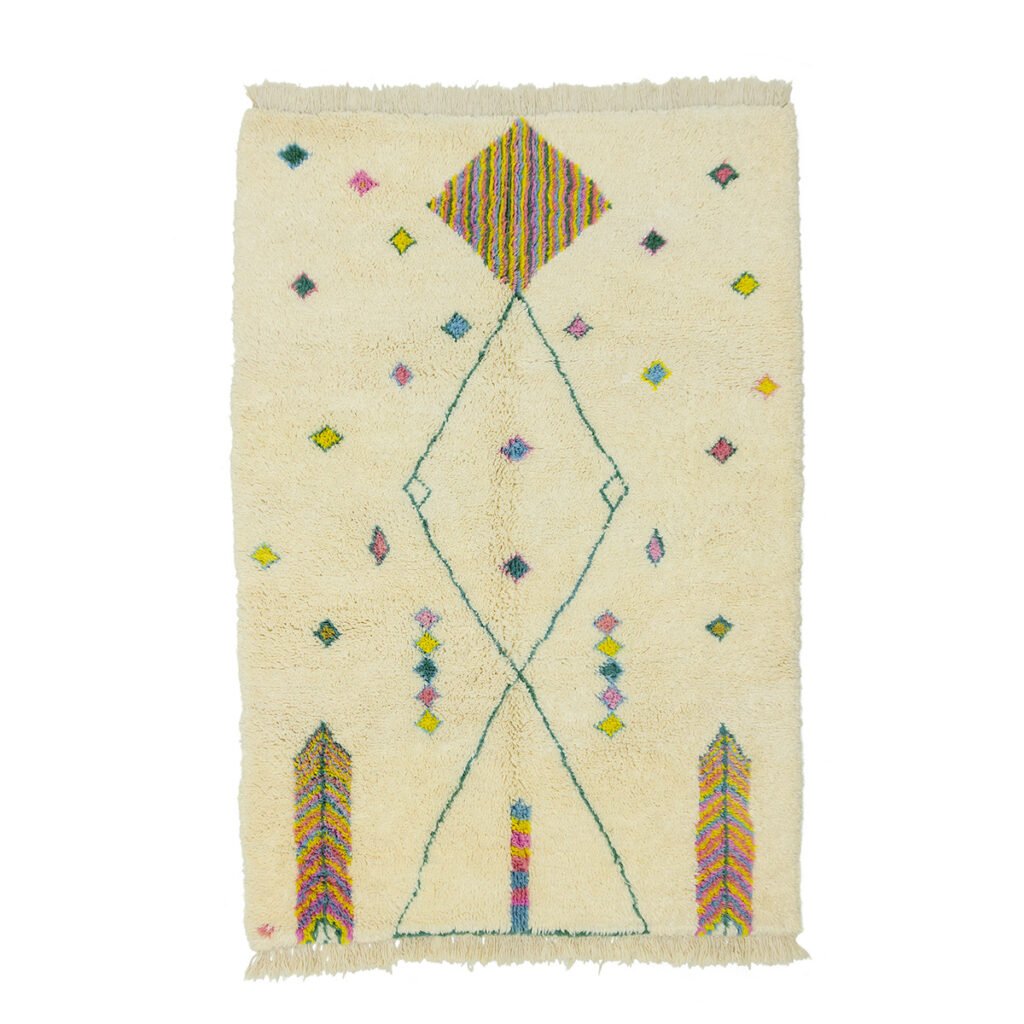 Discover the elegance of this luxurious, cream-colored rectangular rug featuring a geometric pattern. The hand-knotted design showcases diamonds, arrows, and chevrons in vibrant hues like pink, yellow, and blue. Perfect for adding a touch of sophistication to any room.