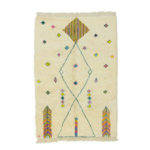 Discover the elegance of this luxurious, cream-colored rectangular rug featuring a geometric pattern. The hand-knotted design showcases diamonds, arrows, and chevrons in vibrant hues like pink, yellow, and blue. Perfect for adding a touch of sophistication to any room.