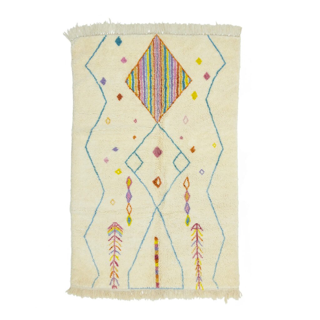This hand-knotted, rectangular rug features vibrant geometric patterns of diamonds and zigzags on a cream background, capturing the artistry of authentic Moroccan rugs.