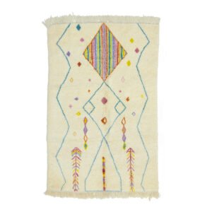 This hand-knotted, rectangular rug features vibrant geometric patterns of diamonds and zigzags on a cream background, capturing the artistry of authentic Moroccan rugs.