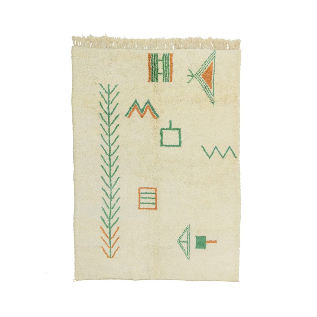 Experience the elegance of this hand-knotted, rectangular rug with a cream background and an abstract design in green, orange, and red. Its intricate patterns feature arrows, zigzags, and geometric shapes—perfect for those seeking luxury rugs that make a statement.