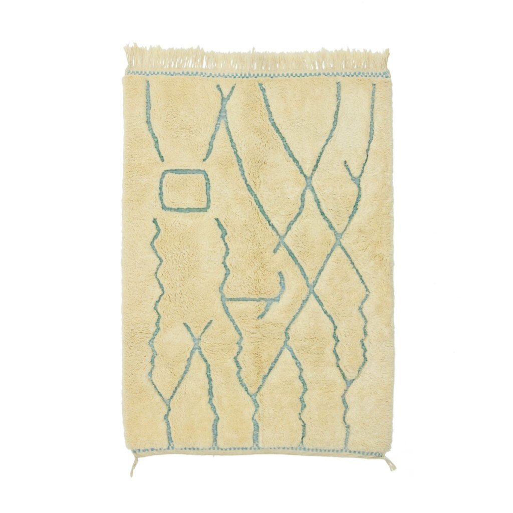 Discover the allure of this luxury rug, a beige masterpiece adorned with abstract blue geometric line patterns, featuring squares and intersecting lines. Its sophisticated design elevates any room with elegance and style.