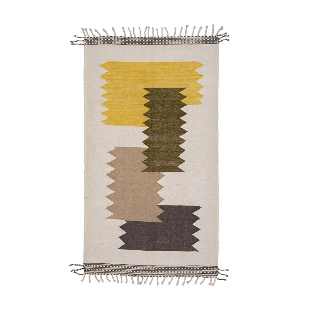 Discover the charm of this flatweave rug, showcasing abstract zig-zag patterns in yellow, green, beige, and dark brown on a light background. The rectangular design is completed with fringe ends, echoing the timeless elegance of a traditional Moroccan rug.