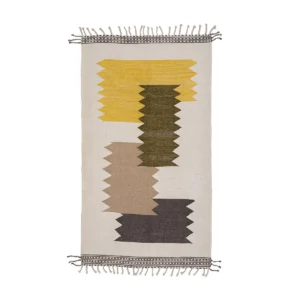 Discover the charm of this flatweave rug, showcasing abstract zig-zag patterns in yellow, green, beige, and dark brown on a light background. The rectangular design is completed with fringe ends, echoing the timeless elegance of a traditional Moroccan rug.