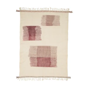 This handwoven rug in beige boasts fringe edges and showcases three abstract red and pink geometric patterns.