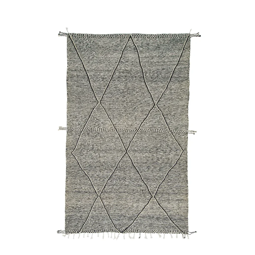 This elegant rectangular gray rug features a captivating diamond pattern and fringed edges, making it a stylish addition to any room. Perfect for adding texture and interest, this piece complements both modern and traditional decor with its timeless design.