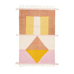 This vibrant rug showcases a geometric pattern with rectangles, stripes, and a triangle in shades of pink, brown, yellow, and white. Tassels adorn the edges, adding a touch of charm to any space.