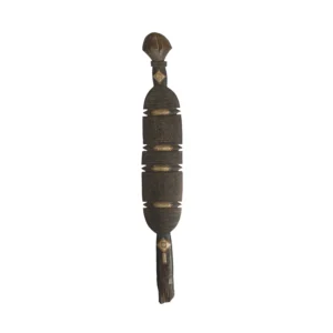 This hand-carved, vintage wooden piece boasts a cylindrical shape adorned with intricate geometric patterns and a rounded top, reminiscent of an artisanal tent peg from eras past.